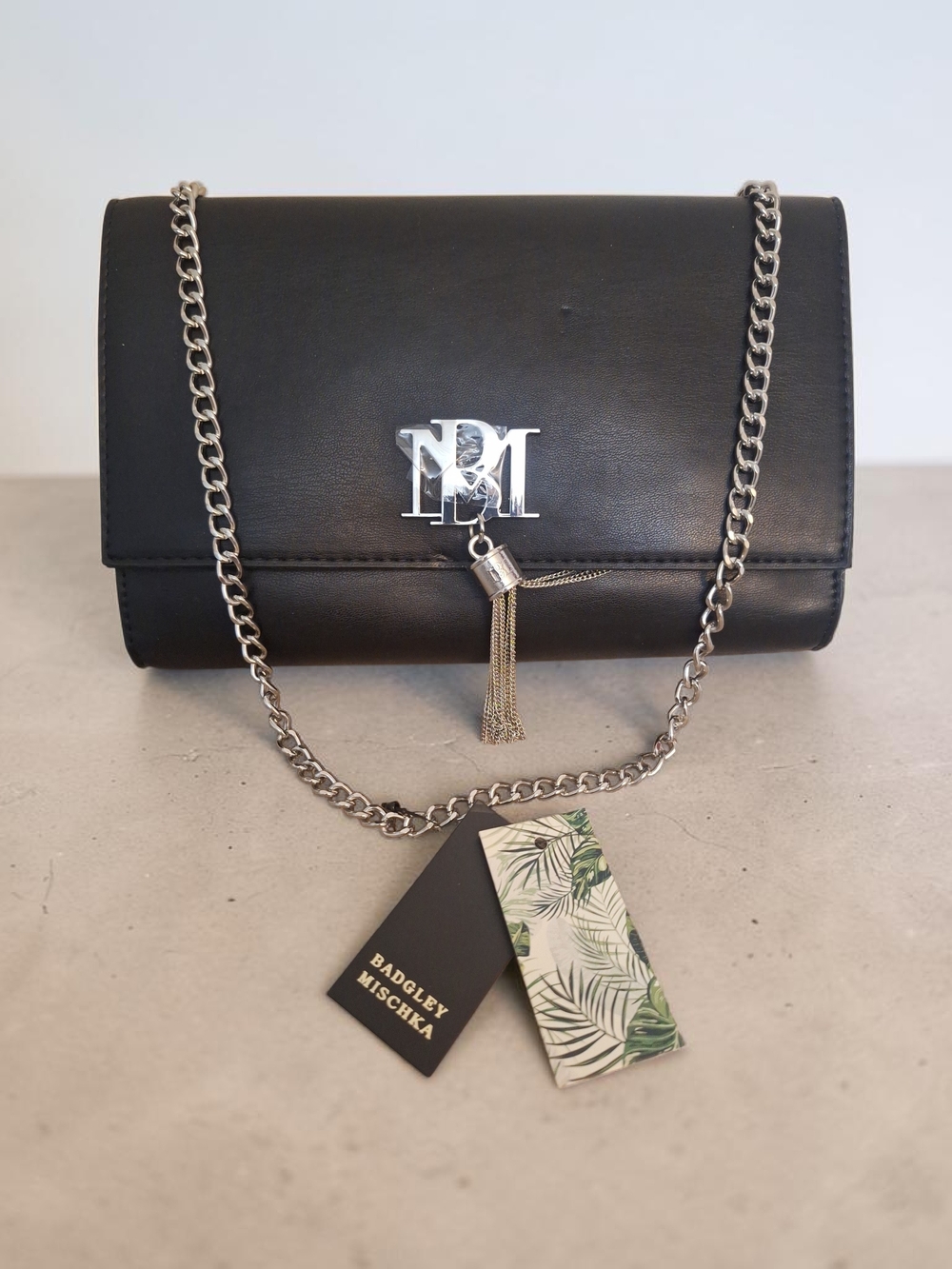 Badgley Mischka Black Faux Leather 2 Way Bag with Silver Chain